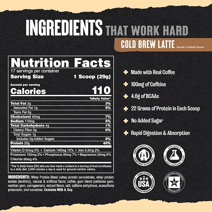 Animal 100% Whey Protein Powder Instant Iced Coffee – Real Coffee for Preworkout Post Workout Whey Blend + 20g of Protein Shake 120mg of Caffeine Meal Replacement with BCAA – Cold Brew Latte 1 lb