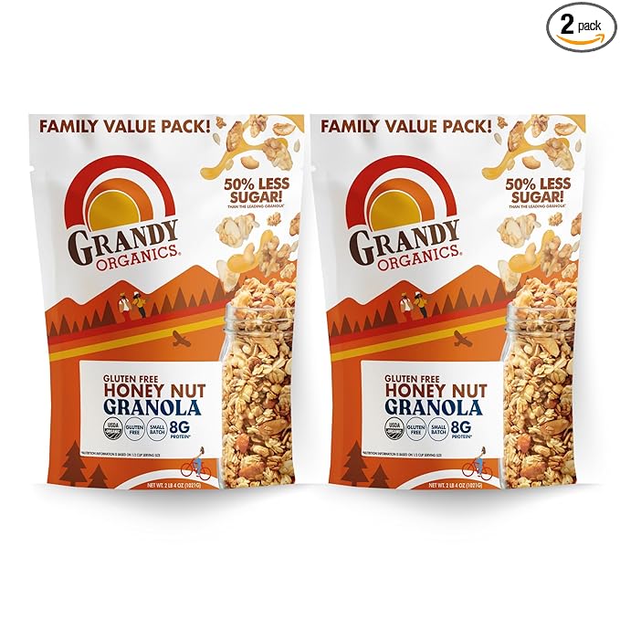 Grandy Organics Honey Nut Gluten Free Granola - Certified Organic Non-GMO Lower Sugar Family Value Size 2 Pound Bags Bulk Pack of 2