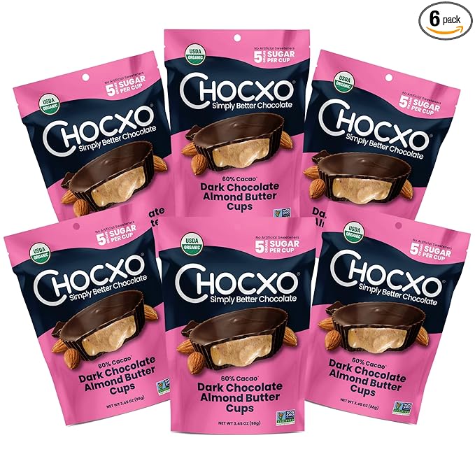 Chocxo Dark Chocolate Almond Butter Cups - Lower Sugar Organic NonGMO Keto Gluten Free Kosher. 60% Cacao No Artificial Sweeteners/Sugar Alcohols 3.45 oz (Pack of 6)