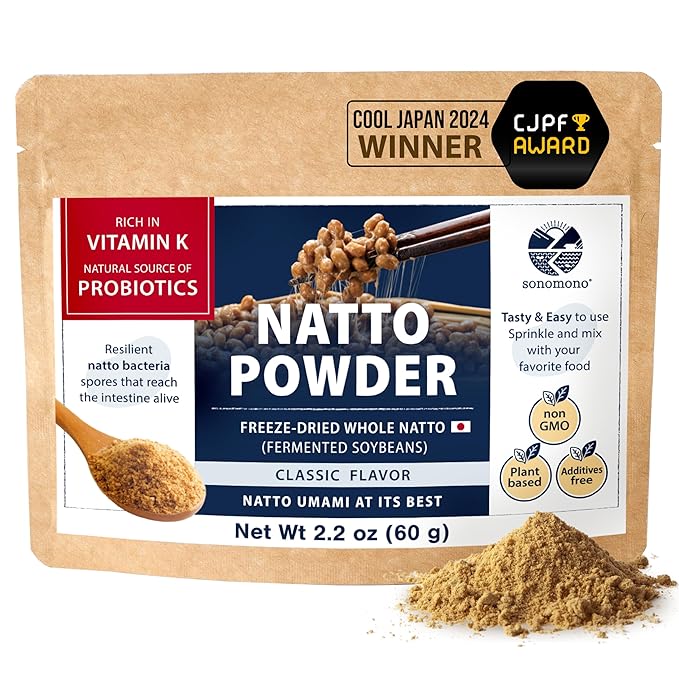sonomono Japanese Natto Classic Flavor Fermented Soybean Powder. Traditional superfood Freeze-Dried Non-GMO Vegan. Natural Source of Probiotics Prebiotics Vitamin K. Made in Japan 60 g