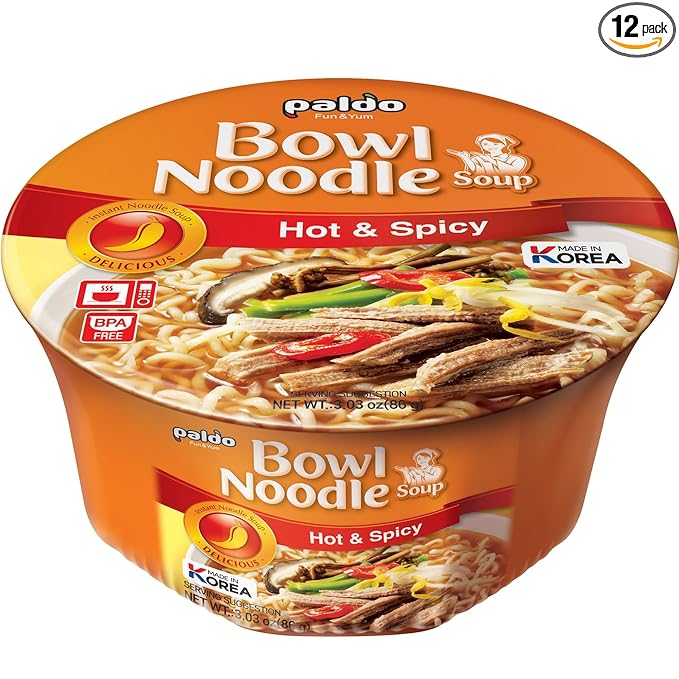 Paldo Fun &amp Yum Hot &amp Spicy Instant Cup Noodle Soup Bowl Pack of 12 Best Oriental Style Korean Ramyun Most Loved Korean Noodles 팔도 육개장 사발면 86g (3.04 oz) x 12
