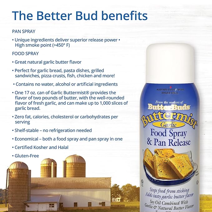 Butter Buds Buttermist Garlic 2-Pack – Food Spray &amp Pan Release High-Smoke Point Cooking Oil Spray Made Natural Butter and Garlic Flavors 17 Oz Ea