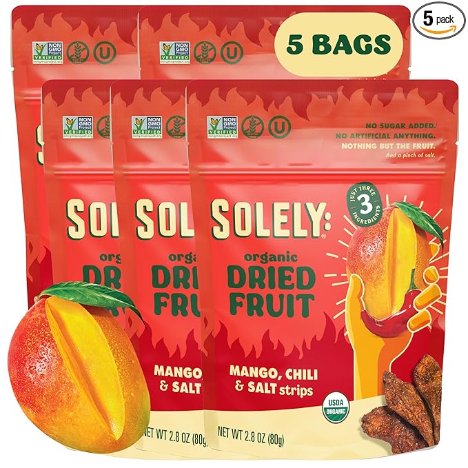 SOLELY - Organic Dried Mango Strips with Chili and Salt (2.8 oz Resealable Bags Pack of 5) Real Fresh Fruit - Healthy Snacks for Adults &amp Kids - Non GMO Vegan Snacks Shelf Stable - 5 Bags (14 o
