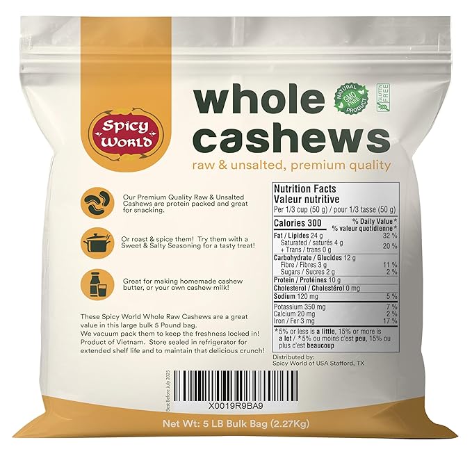 Spicy World Raw Cashews 5 LB (80oz) Bulk - Non-GMO Gluten Free Peanut Free No Additives Unsalted Natural &amp Pure Whole Cashews - Great for Pesto Salads Baking Roasting &amp Cooking