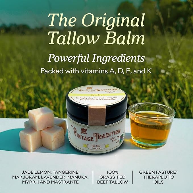 Vintage Tradition Epic Glow Beef Tallow Balm – Glow Boosting Moisturizer with Lavender Oil Myrrh Oil Manuka Face Oil and Fish Oils – Beef Tallow for Skin Care from Head to Toe 2 fl. oz.