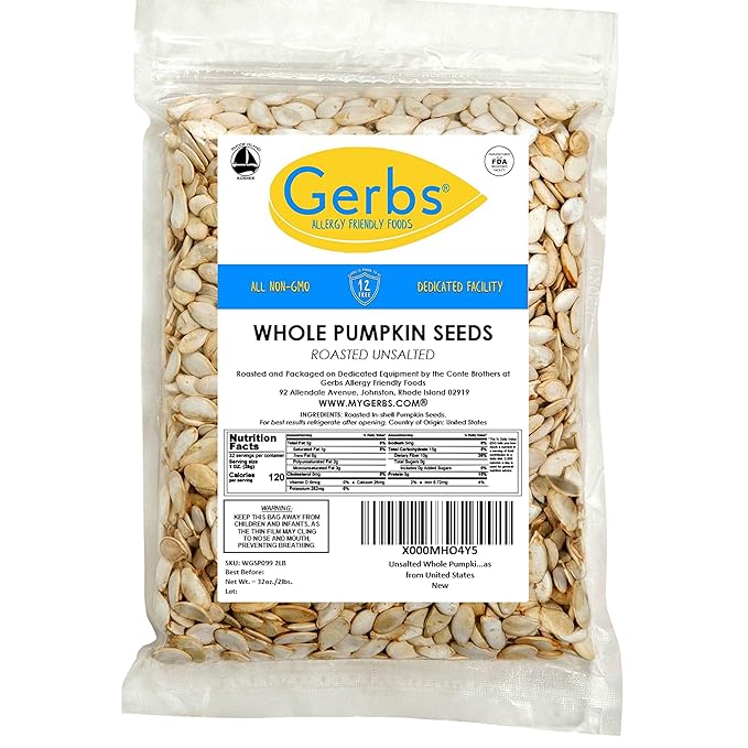 Pumpkin Seeds in-Shell (Whole) Roasted &amp Unsalted by Gerbs - 2 LBS Premium Grade AA Pepitas - Top 10 Food Allergen Free - Vegan &amp Kosher - Seed Country of Origin USA - Made in Rhode Island