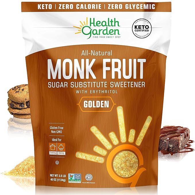 Health Garden Monk Fruit Sweetener Golden 2.5lbs Bag – 1:1 Monk Fruit Sugar Substitute with Erythritol – Zero Calorie Monkfruit Sweetener Pure – Ideal for Baking Keto Friendly Non-GMO Kosher
