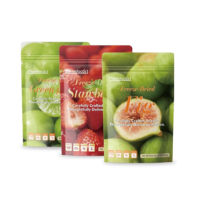 Greenfocus Freeze Dried Mixed Fruit Packs - 6 Large Bags (1.1oz/30g+ Each) - Crunchy Strawberry Green Grape Fig - No Added Sugar Non-GMO Gluten-Free Healthy Snacks Vegan Smoothie &amp Yogurt Top
