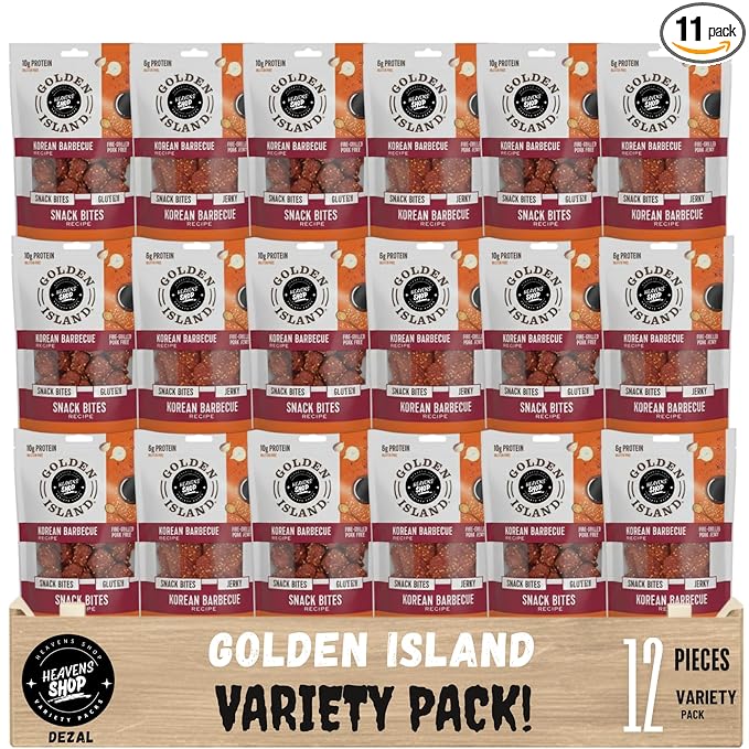 Golden-Island Korean Barbecue Pork Jerky and Snack Bites 1.5 oz. Sweet &amp Savory Asian Flavor Protein Snack Individually Packed (Pack of 12)