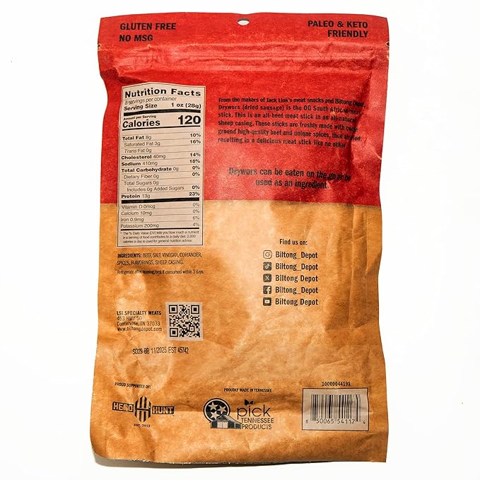 Biltong Depot Smoked Drywors - 8oz | Air-Dried Beef Snack Sticks | High Protein | Paleo and Keto Friendly | Zero Sugar | Gluten Free | No Artificial Preservatives | No MSG