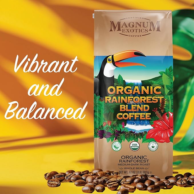 Magnum Exotics Organic Rainforest Blend Whole Bean Coffee - Coffee Beans Medium Dark Roast Caffeinated Roasted Bulk Brew Rich &amp Smooth Flavor Fresh Roast - 32 oz (2 lb) Bag