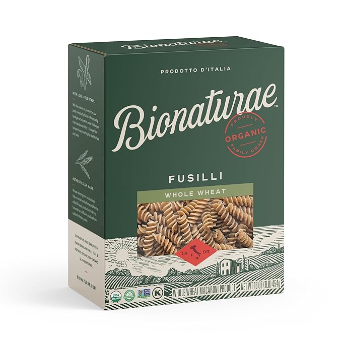 Bionaturae Fusilli Pasta Noodles - Whole Wheat Pasta Kosher Certified High Protein Non-GMO Verified USDA Certified Whole Wheat Fusilli Fusilli Pasta Organic Crafted in Italy - 16 Oz