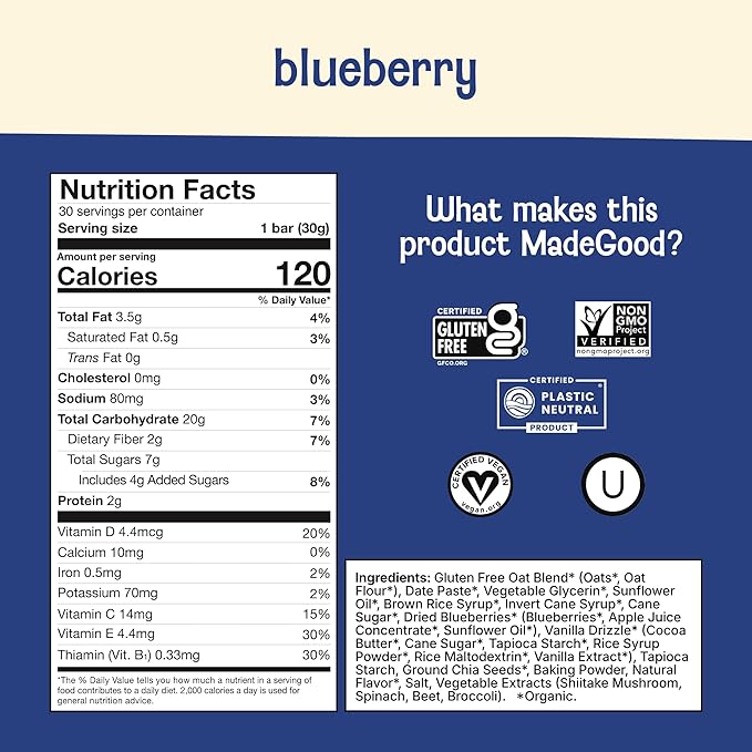 MadeGood Mornings Soft Baked Breakfast Bars Blueberry 1.06 Oz (30 Count) Gluten Free Snacks