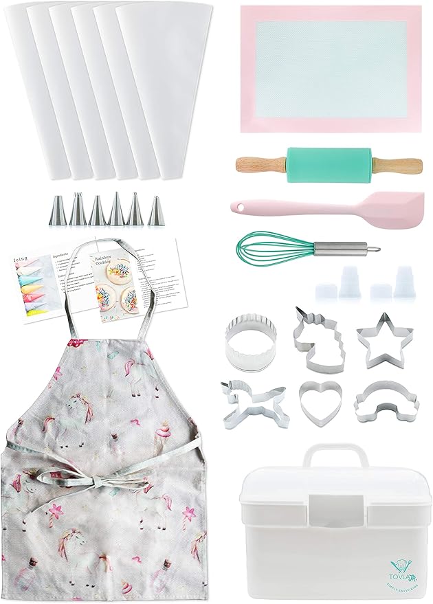 Tovla Jr. Kids Baking Gift Set with Storage Case - Unicorn Baking Gift Set for Kids-Real Cooking Utensils for Cookie Cupcakes and Decorating