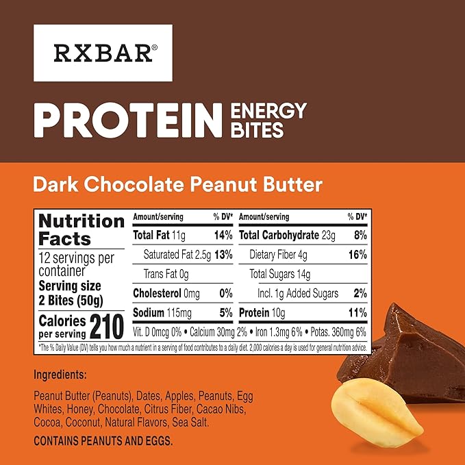 RXBAR Protein Energy Bites Gluten Free Protein Balls Dark Chocolate Peanut Butter 21.1oz Box (24 Bites)