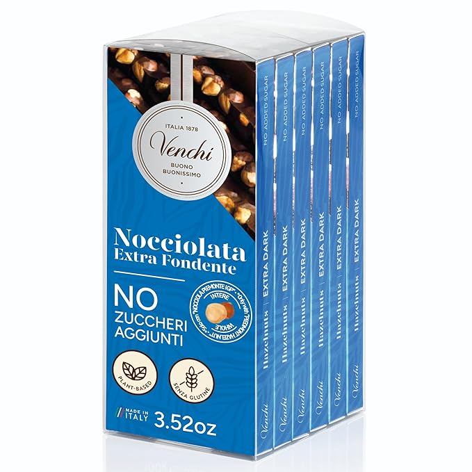 Venchi - Set of 6 Extra Dark Hazelnut Bars 21.16 oz - NO Added Sugar - NO Artificial Sweeteners - Gluten Free - Vegan - Great Gift Idea