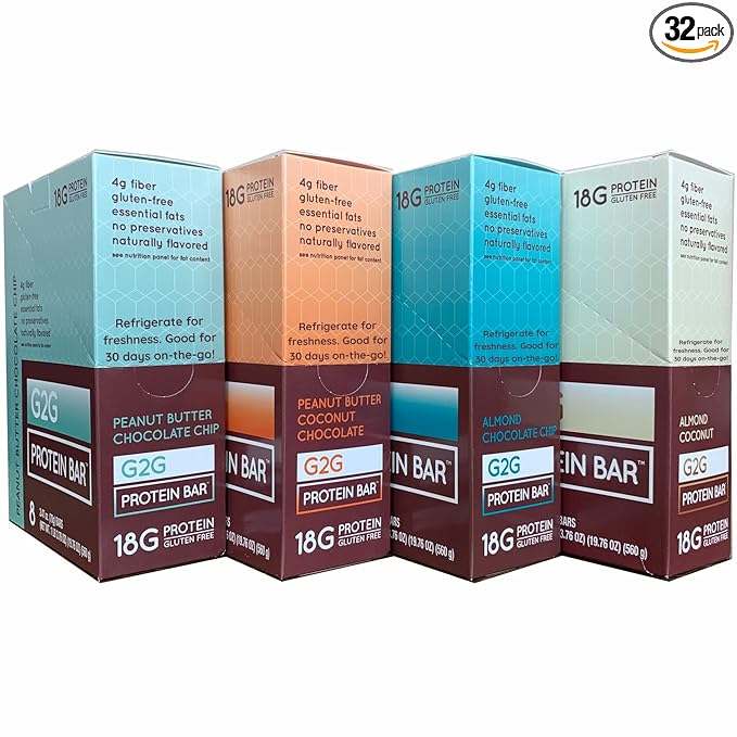 G2G Bar 4 Pack Peanut Butter Choc Chip Peanut Butter Coconut Almond Coconut Almond Chocolate Chip 32 Count (4 Packs of 8 Count)