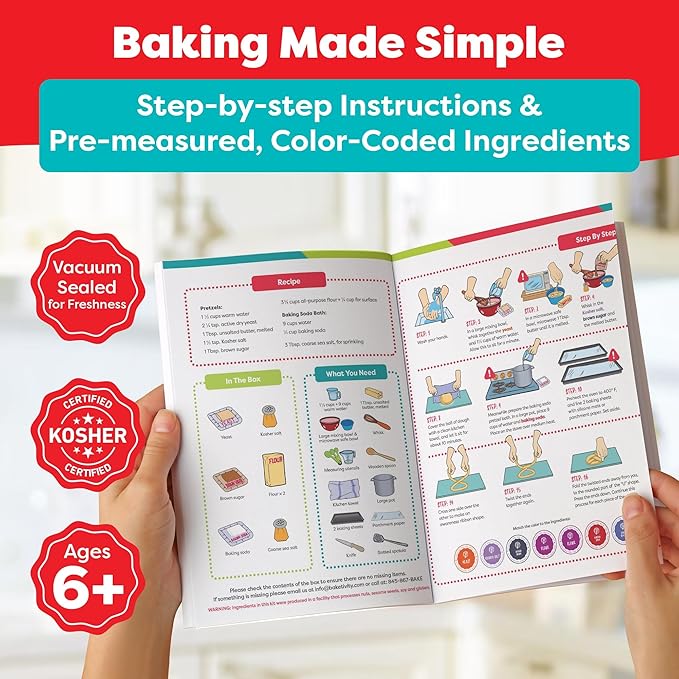 Baketivity Kids Baking Set Meal Cooking Party Supply Kit for Teens Real Fun Little Junior Chef Essential Kitchen Lessons Includes Pre-Measured Ingredients (Kit +Hat &amp Apron Pretzel)