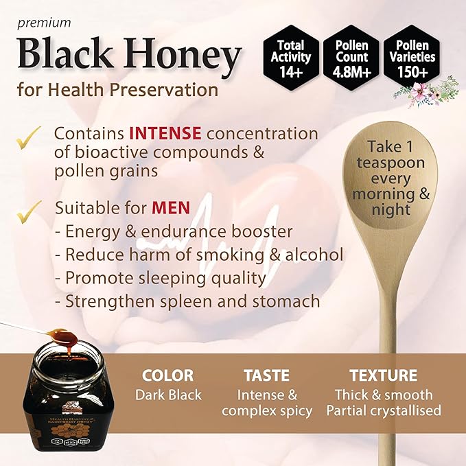 Premium Tualang Black Honey 13oz (TA 14+ Pollen Count 4.8M+ Pollen Variety 150+) Intense Choice for Men Preservation Wild-ripening on 250ft Treetop Raw Unpasteurised Unfiltered