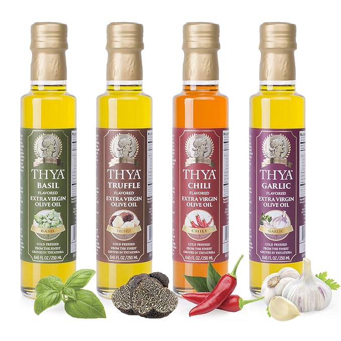 Thya Flavored Extra Virgin Olive Oil Variety Pack: Garlic Chili Pepper Truffle Basil | First Cold Pressed Olives | EVOO Value Pack | 4 Bottles of 8.45 Fl oz each | Total 33.8 Fl oz