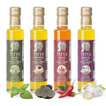 Thya Flavored Extra Virgin Olive Oil Variety Pack: Garlic Chili Pepper Truffle Basil | First Cold Pressed Olives | EVOO Value Pack | 4 Bottles of 8.45 Fl oz each | Total 33.8 Fl oz