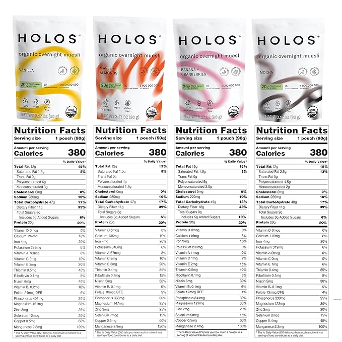 HOLOS Protein Overnight Oats - 8 Pack Variety Flavors with Jar - 20g Plant Proteins Organic Gluten Free Cereal with High Fiber Probiotics Vitamins Minerals