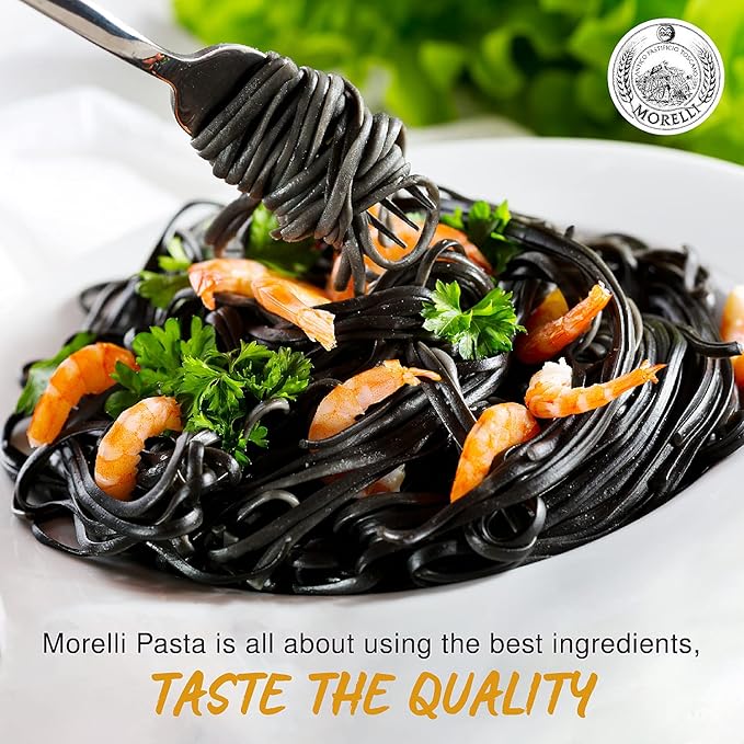Morelli Squid Ink Pasta Linguine- Organic Italian Pasta - Black Pasta Noodles - Durum Wheat Semolina &amp Squid Ink Pasta Fusilli (Rotini) - Organic Italian Pasta - Black Pasta Noodles