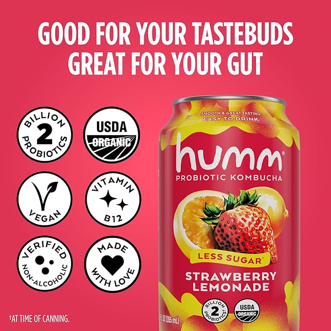 Humm Kombucha Strawberry Lemonade Organic Vegan &amp GMO Free (12 Pack)
