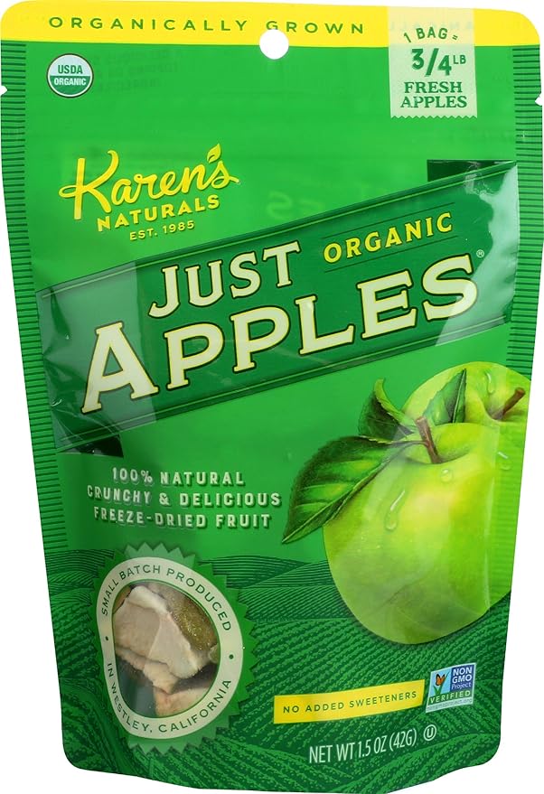 Karen's Naturals Organic Just Apples 1.5 Ounce Pouch (Packaging May Vary) Organic All Natural Freeze-Dried Fruits &amp Vegetables No Additives or Preservatives Non-GMO