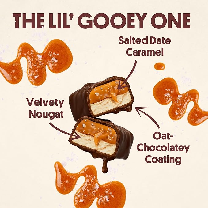 Harken Sweets The Lil’ Gooey Ones Mini Oat Milk Chocolate Candy Bars with Date Caramel Sweetened with Dates No Sugar Added High Fiber Snack Nut-Free Gluten-Free Plant-Based 6 Pouches (30 Bars)