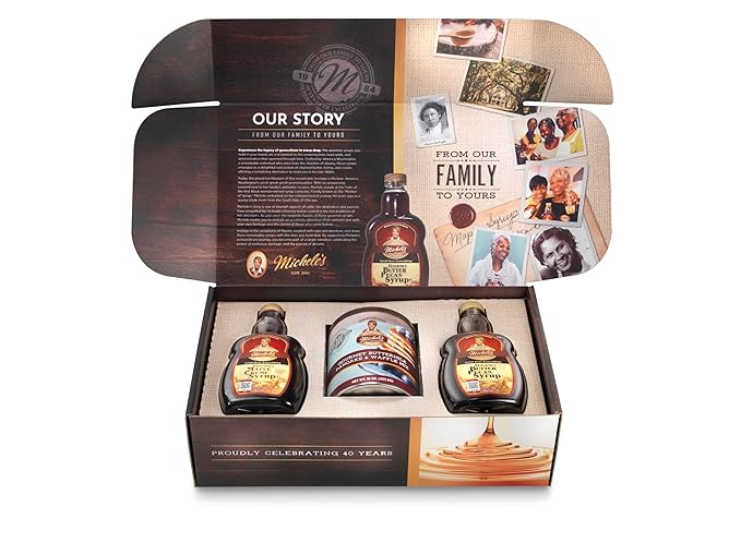 Michele’s 40th Anniversary Gourmet Breakfast Gift Set - Butter Pecan &amp Maple Cream Syrups Buttermilk Pancake Mix Recipe Book - Perfect Holiday &amp Thanksgiving Gifts - Gourmet Food for Foodies