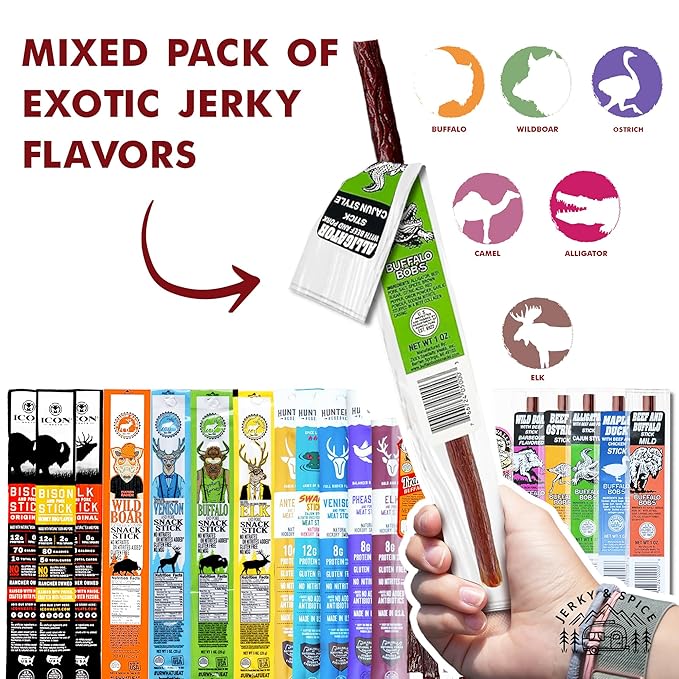 Jerky-n-Spice Exotic Jerky Sticks Gift Box | Snacks Variety Pack for Adults | Exotic Meat Sampler | Beef Jerky Gift Basket for Birthday &amp Any Occasions | Meat Bouquet Healthy Snack Box | 20 Pack