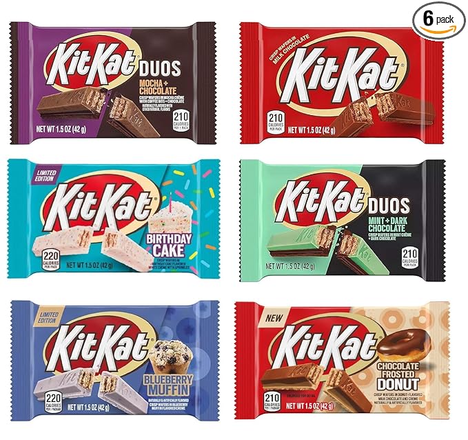Hershey's KitKat 6 Bars Variety Assortment Mix Bundle Pack Chocolate Candy Singles - Milk - Dark- Mint - Mocha - Strawberry - Blueberry Muffin 1.5 ounces