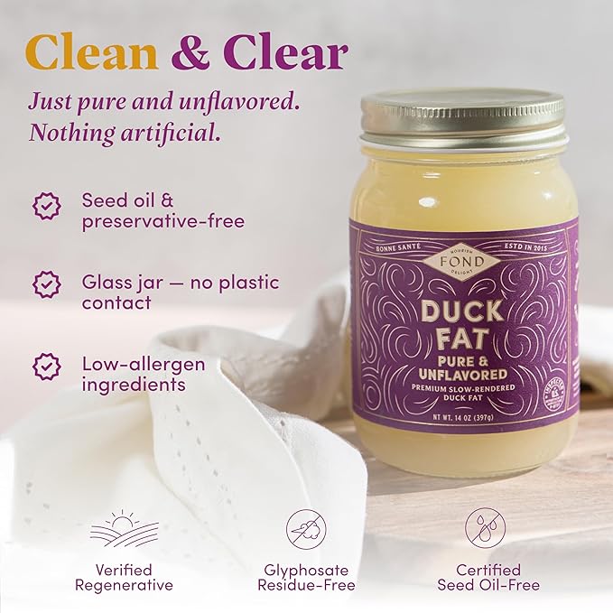 FOND Regenerative Pure Duck Fat for Cooking - 14oz Pure &amp Unflavored Rendered Duck Fat High Smoke Point Oil for Searing Roasting Sautéing - Keto &amp Paleo Friendly Neutral Buttery Flavor &am