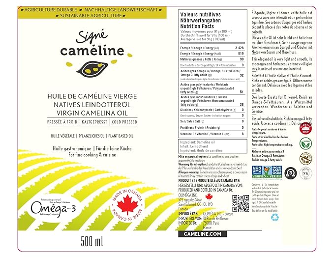 Cold-Pressed Virgin Camelina Oil 500mL by Signé Caméline | High Smoke Point 475°F | Rich in Omega-3 &amp Vitamin E | Alternative to Olive Oil | Vegan | Made in Canada | Non-GMO