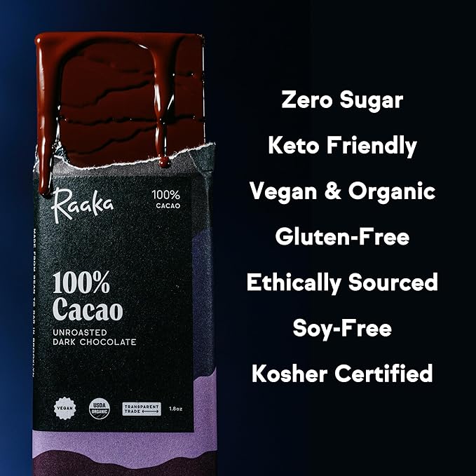 Raaka Chocolate 100% Cacao Sugar Free Dark Chocolate | Gourmet Dark Chocolate Gift | Organic Vegan Fair Trade Soy Free Non GMO Gluten Free Kosher Keto Paleo | 1.8oz Bars 12-Pack
