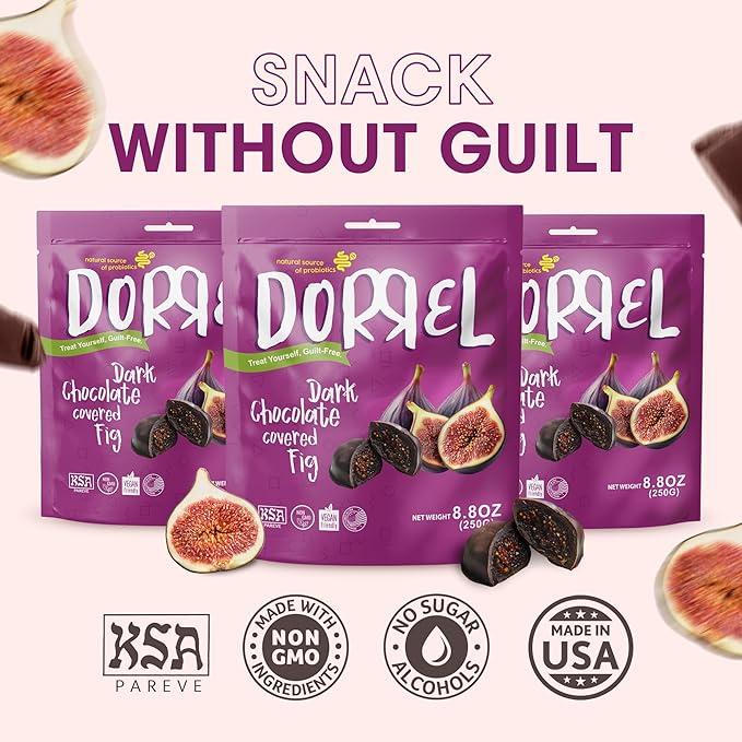 DORREL - Belgian Dark Chocolate Covered Figs High Energy Vegan Choco Snack with Medjool Dates &amp Dried Mission Figs Center Delicious Kosher &amp Non-GMO Pack of 3 8.8 oz / 250 g Ea