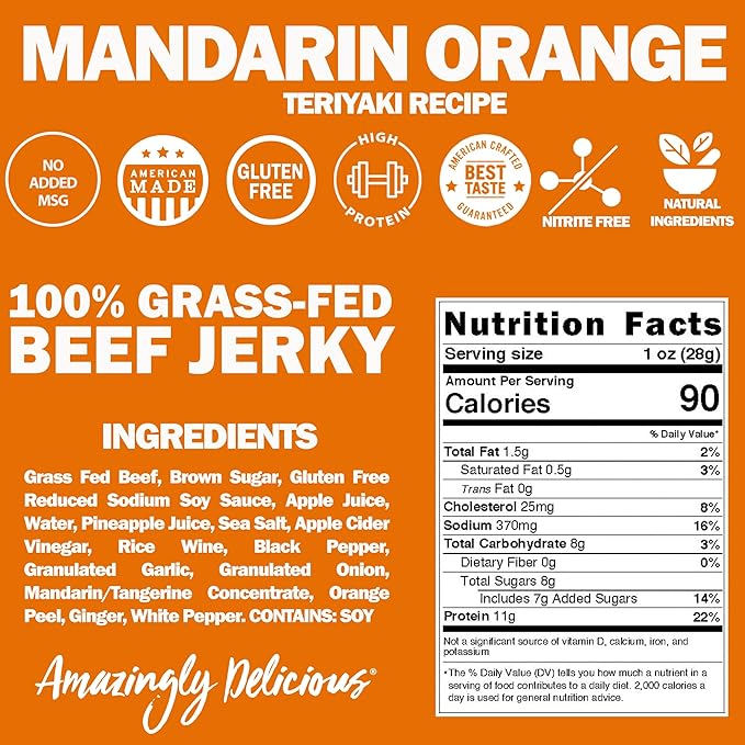 Field Trip Grass Fed Beef Jerky Healthy Gluten Free Snacks All Natural Paleo-Friendly Beef Jerky High Protein Low Carb Snack with No Nitrates 2.2oz Bag 4 Pack Mandarin Orange Teriyaki