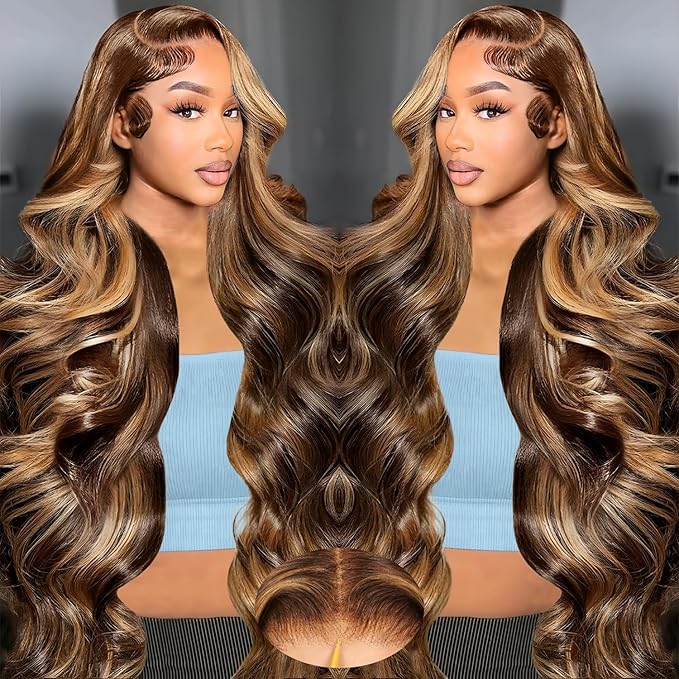 250 Density 30 Inch 360 Lace Front Wigs Human Hair Honey Blonde Body Wave Lace Front Wigs with Baby Hair 4/27 Full 360 Glueless HD Transparent Lace Front Wigs for women