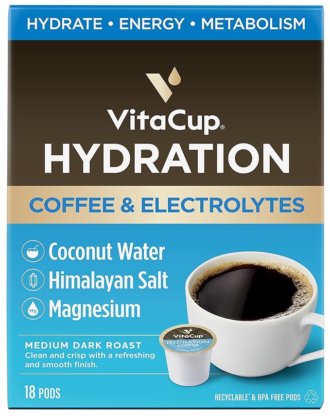 VitaCup Hydration Coffee Pods The First Coffee That Hydrates You w/Electrolytes Coconut Water Pink Himalayan Salt Magnesium Medium RoastSingle Serve Pod compatible w/Keurig K-Cup Brewers 18Ct