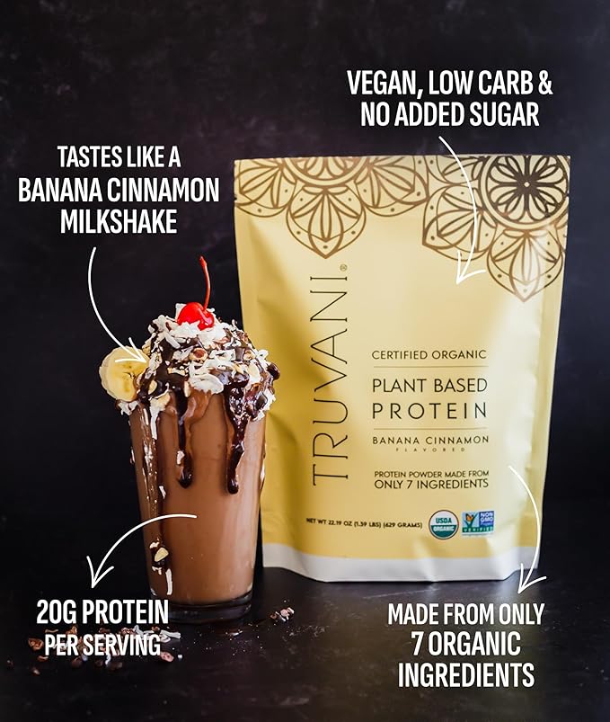 Truvani Vegan Pea Protein Powder | Banana Cinnamon | 20g Organic Plant Based Protein | Single Serving Travel Packets | 10 Servings | Keto | Gluten &amp Dairy Free | Low Carb | No Added Sugar