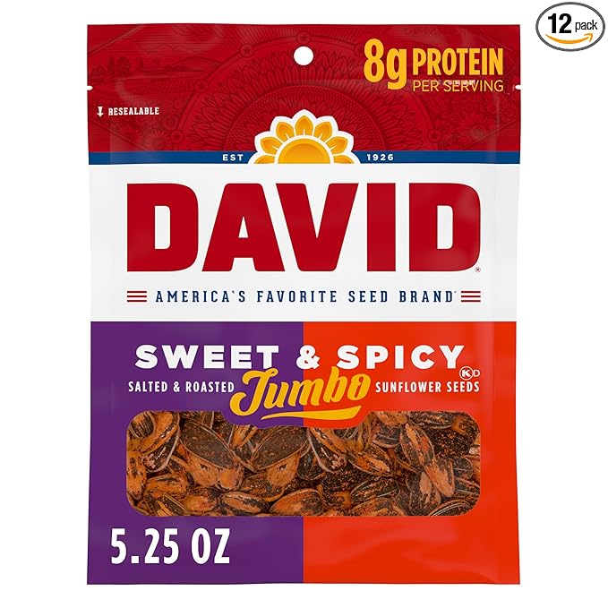 DAVID Roasted and Salted Sweet and Spicy Jumbo Sunflower Seeds Keto Friendly 5.25 oz 12 Pack