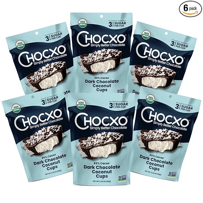 Chocxo Dark Chocolate Coconut Cups - Low in Sugar Organic 85% Cacao Non-GMO Keto Certified Gluten Free &amp Kosher. No Artificial Sweeteners or Sugar Alcohols 3.45 oz (Pack of 6)
