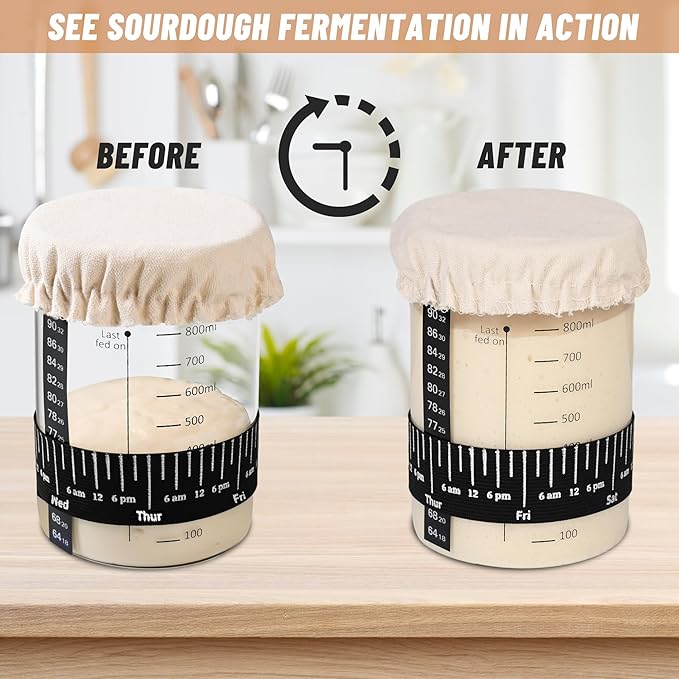 Pro Sourdough Starter Jar Kit 2 Packs-35 Oz Sourdough Bread Starter Jar Kit with Date Marked Feeding BandThermometerSpatulaCloth Cover&amp Lid for Sour Dough Bread Loaf (2 Pcs)