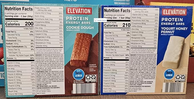 Elevation Protein Energy Bars Cookie Dough &amp Yogurt Honey Peanut 10.58oz 300g (Two Bars)