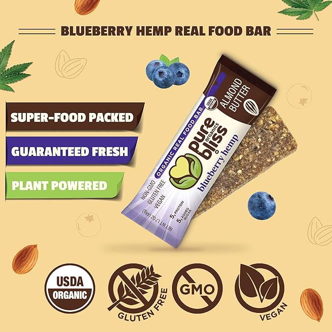 Organic Real Food Bar (Blueberry Hemp) Non-GMO Gluten Free Vegan Nutrition Bars Energy Bars Super Food Simple Ingredients Best Tasting Healthy Snack Breakfast Bars Dairy Free Soy Free Pure