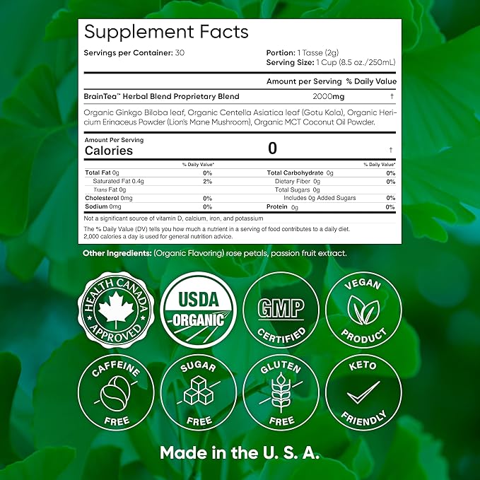 Brain Tea Focus &amp Memory - Brain Tea Organic Certified 4-in-1 Nootropic Herbal Supplement with Ginkgo Biloba Gotu Kola Lion’s Mane Mushroom MCT Caffeine-Free for Mental Clarity (30 Sachets)