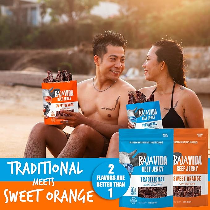 BAJA BEEF Jerky Snack Packs - Beef Jerky Variety Pack Beef Jerky Gifts for Men Beef Jerky Sampler High Protein Craft Jerky Assortment Gluten Free - Traditional &amp Sweet Orange 2.5 Oz Bags (4 P