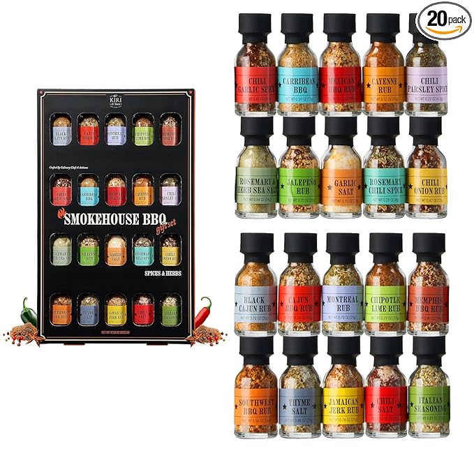 BBQ Grill Spice Set 20 Pack Glass Bottles Gourmet Seasoning Variety Rubs for Steak Chicken and Grilling BBQ Gift for Men Dad Husband Grill Master Kit for Father’s Day Birthday Cooking and Outdoor