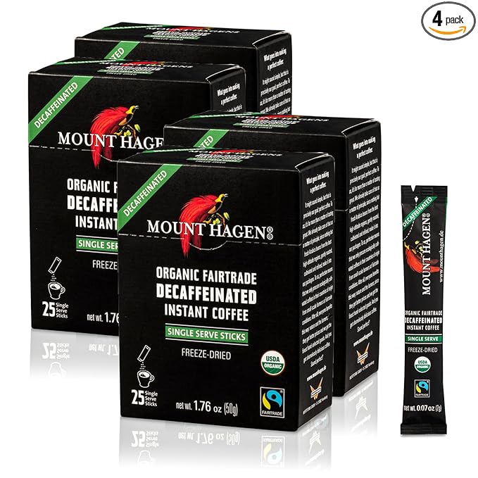 Mount Hagen 25 Count Single Serve Instant Decaf Coffee Packets - 4 Pack | Decaffeinated Organic Medium Roast Arabica Beans | Eco-friendly Fair-Trade [4 x 25 sticks/1.76oz/50g]